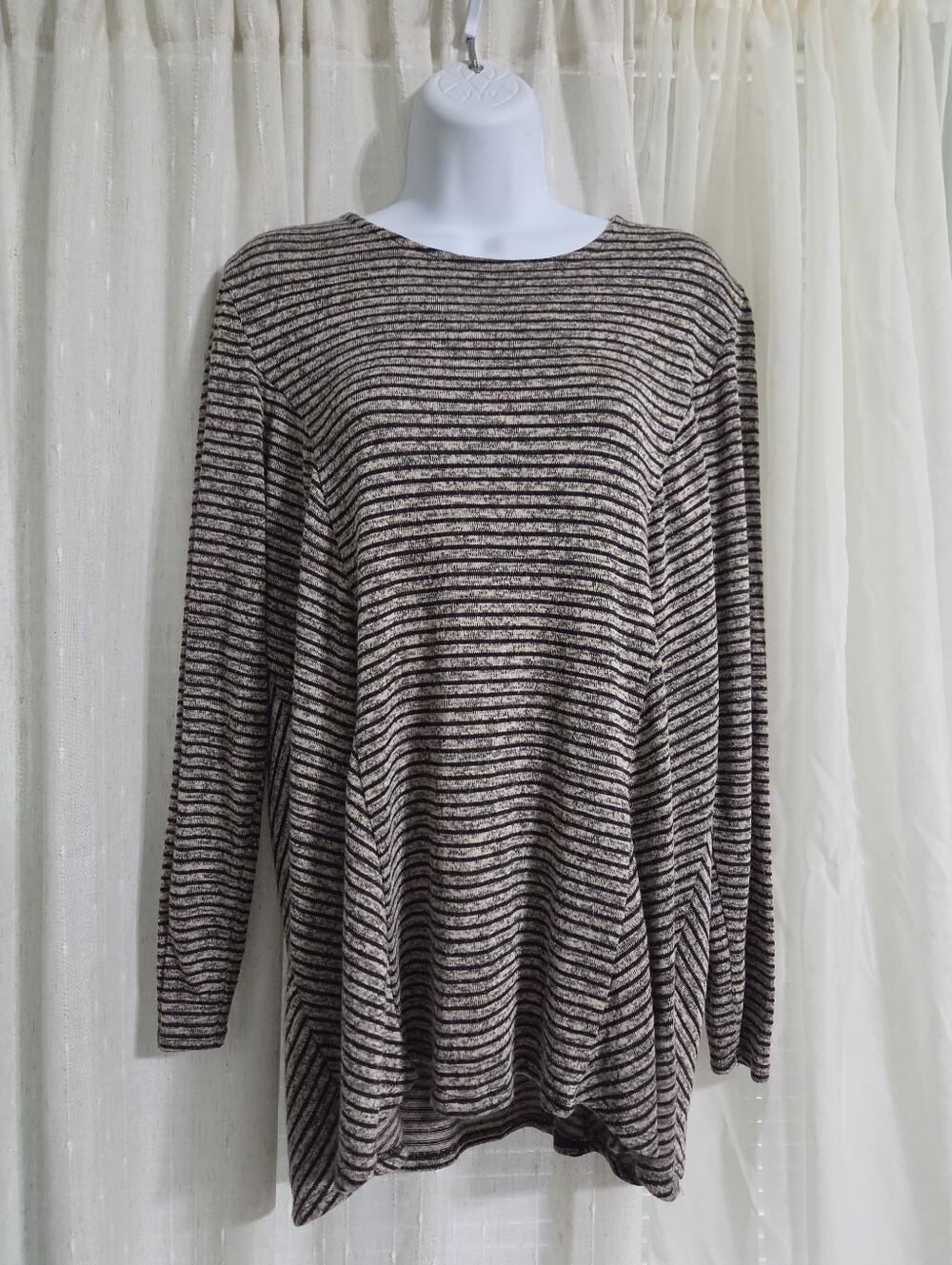 Striped Black and Cream Long Sleeve Crewneck Top